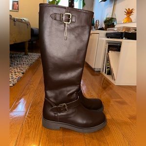 8 by Yoox brown leather tall biker boots